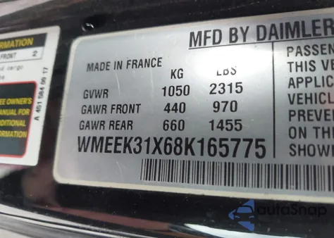 2008 Smart Fortwo Passion из США, поврежденный, VIN WMEEK31X68K165775